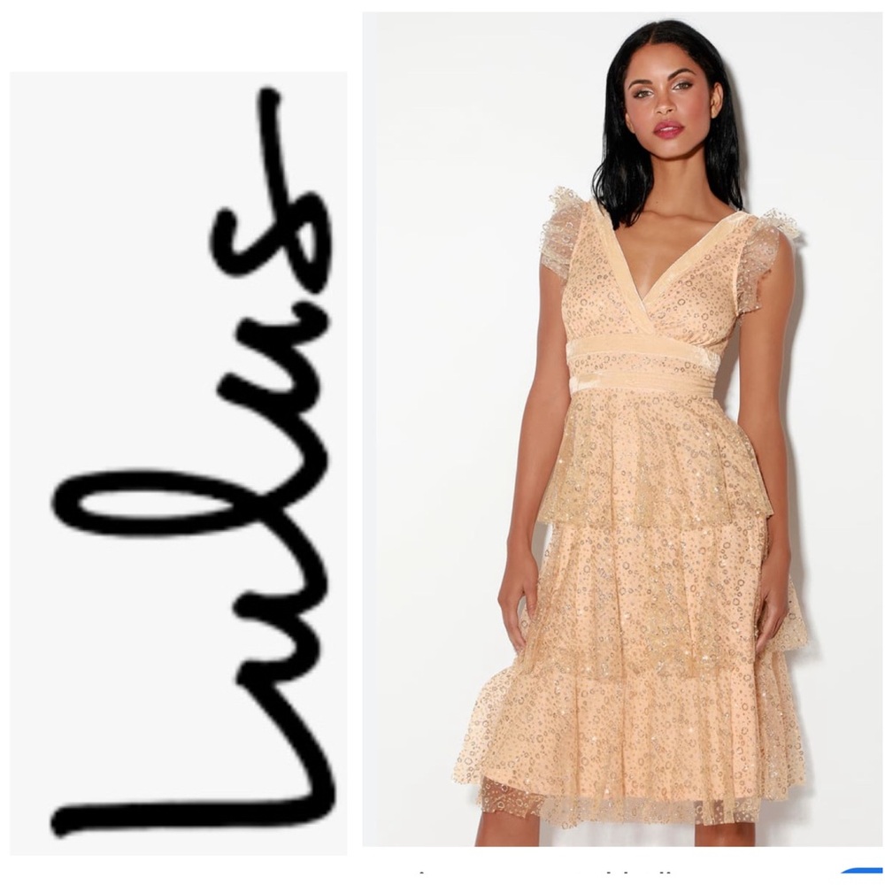 NWT Stunning LULUS Love Nude And Gold Glitter Tiered Midi Dress Sz: S